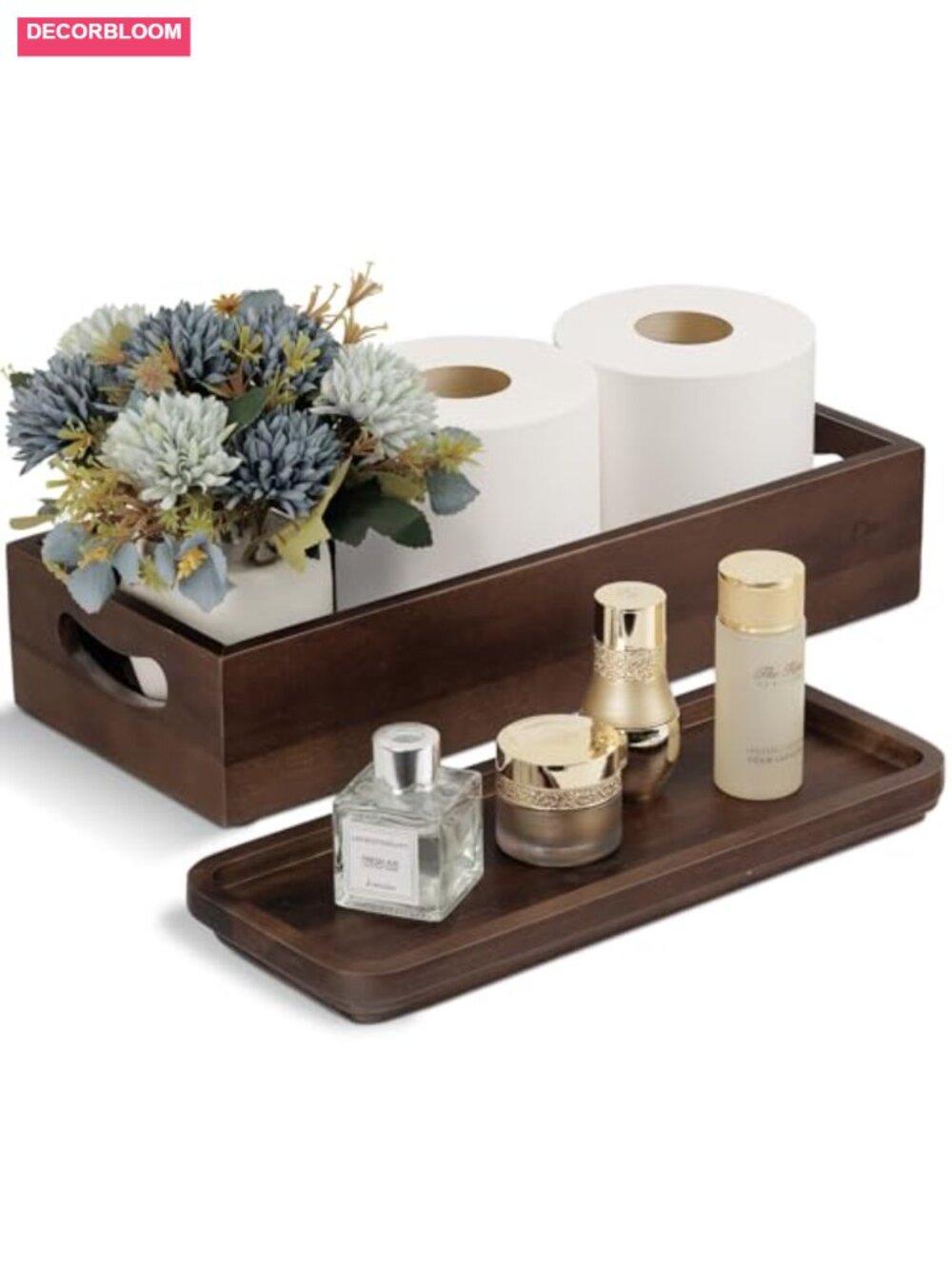 Acacia Wood Toilet Tank Topper & Vanity Tray Set Handmade Bathroom Decor
